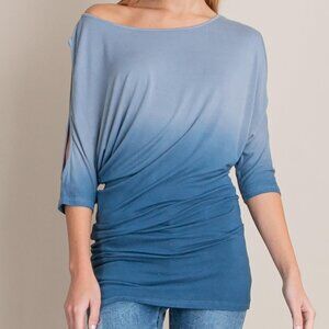 Dip Dye Ombre Blue Asymmetric Cold Shoulder Top